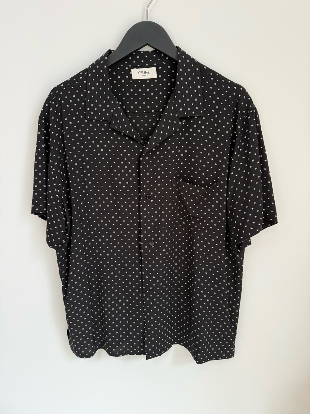 Celine Black Short-Sleeve Button-Up Shirt with White Dot Print